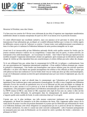 Lettre de Monsieur Azema à propos de l'homologuation des boules et réponse de Monsieur De Sanctis