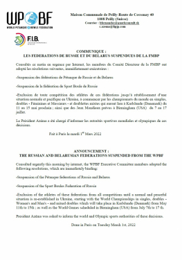 Ukraine : les Fédérations Russe et du Belarus suspendues