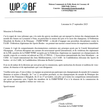 Lettre de Monsieur Claude AZEMA PRESIDENT de la Fédération mondiale de boules et Pétanques à la fédération Algérienne des sports de boules.